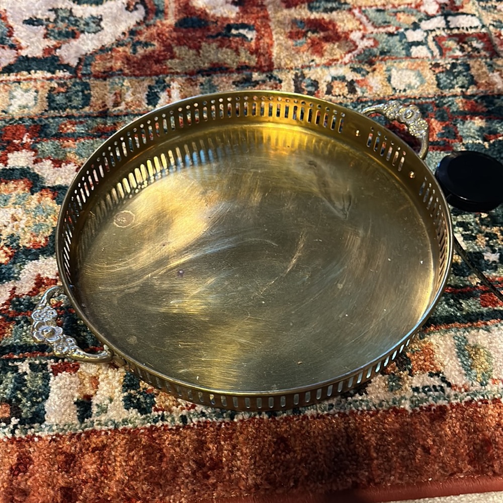 10” Vintage Brass Tray with Floral Handles